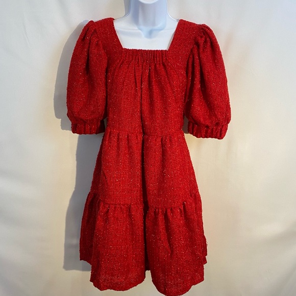 Sister Jane Carina Tweed Puff Sleeve Babydoll Mini Dress in Red size M NWT - Picture 3 of 16